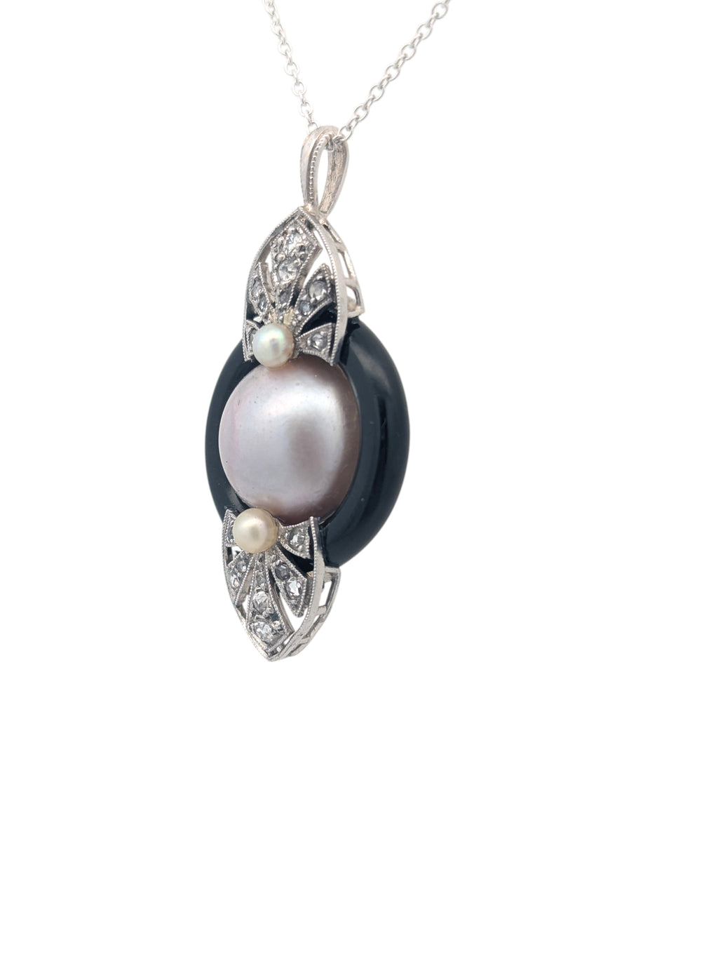 Vintage 14K White Gold, Pearl, Onyx, and Diamond Pendant