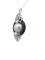 Vintage 14K White Gold, Pearl, Onyx, and Diamond Pendant