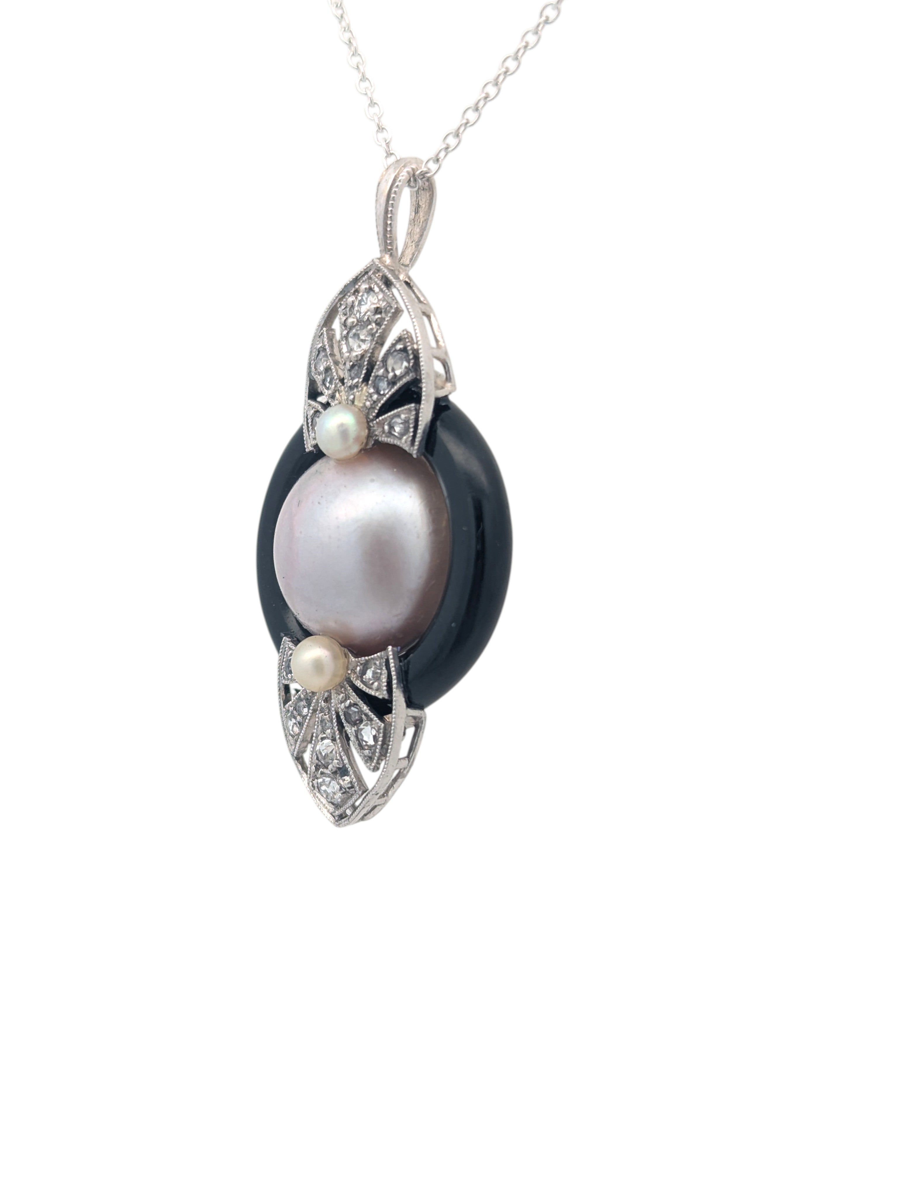 Vintage 14K White Gold, Pearl, Onyx, and Diamond Pendant