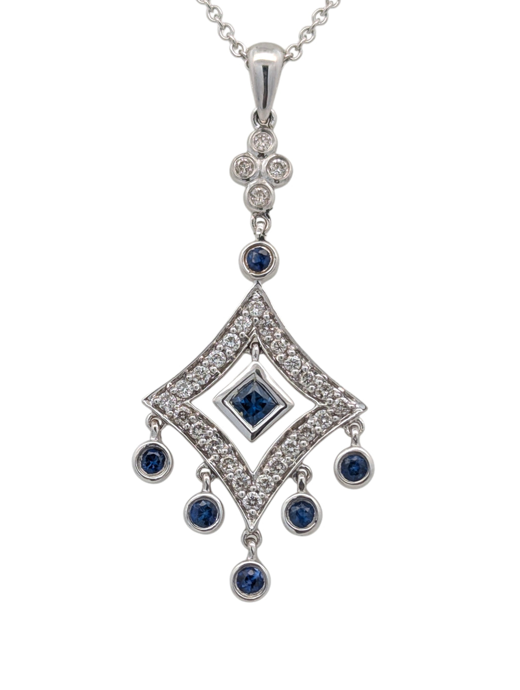 Vintage 14K White Gold Diamond and Sapphire Pendant