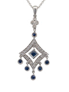 Vintage 14K White Gold Diamond and Sapphire Pendant