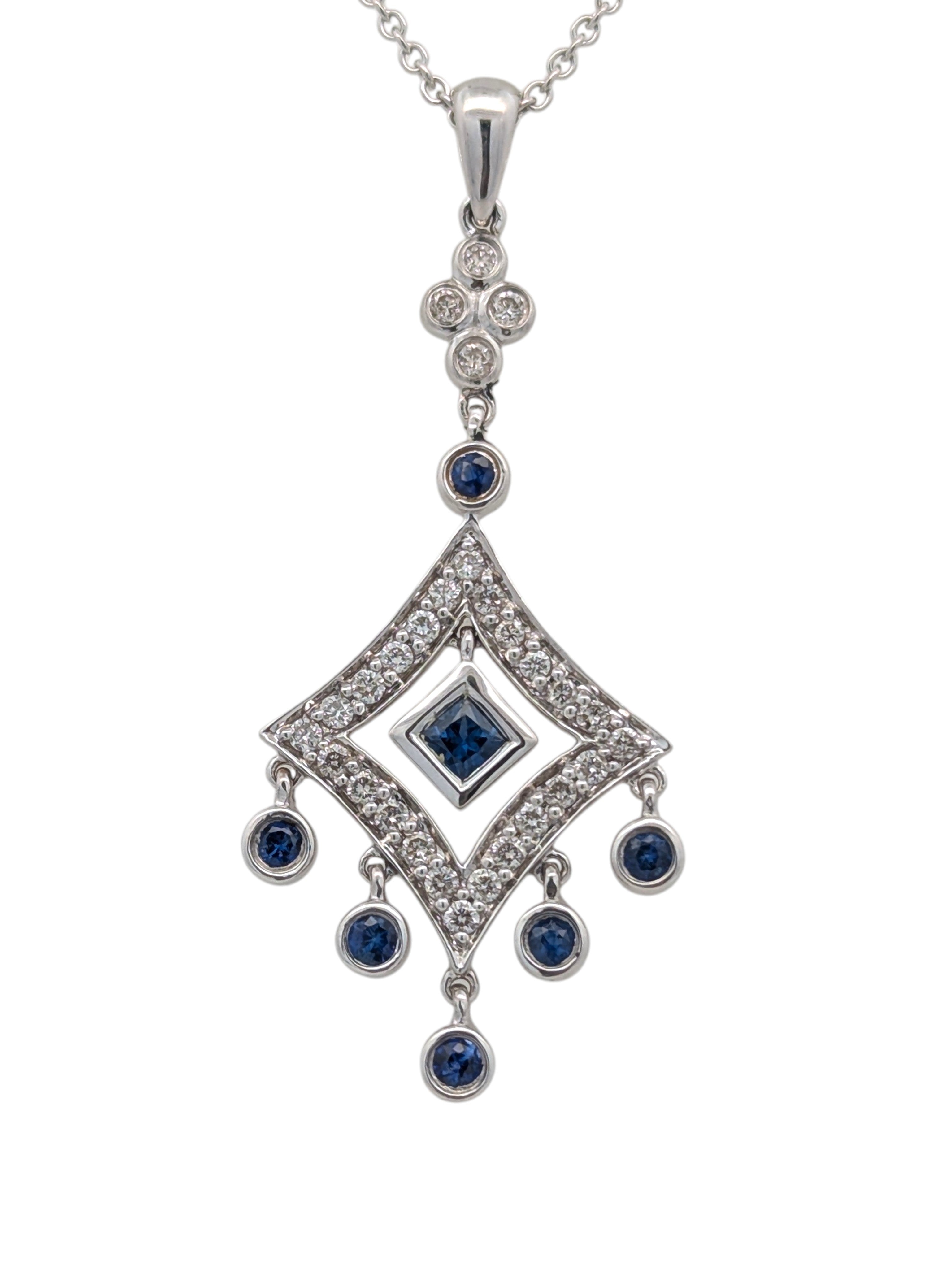Vintage 14K White Gold Diamond and Sapphire Pendant