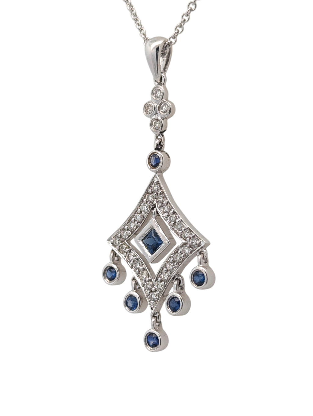 Vintage 14K White Gold Diamond and Sapphire Pendant