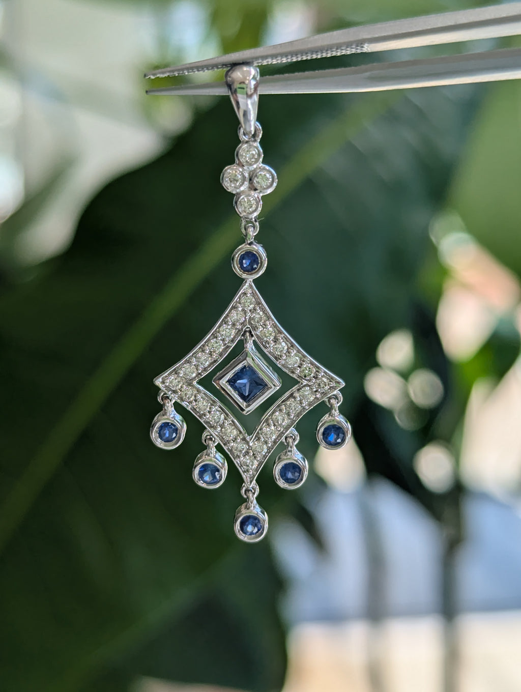 Vintage 14K White Gold Diamond and Sapphire Pendant