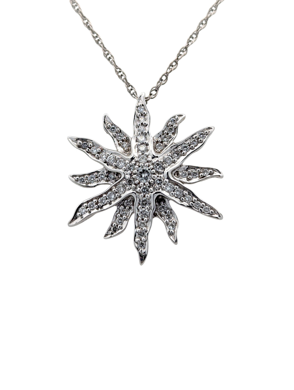 Vintage 14K White Gold and Diamond Sunburst Necklace