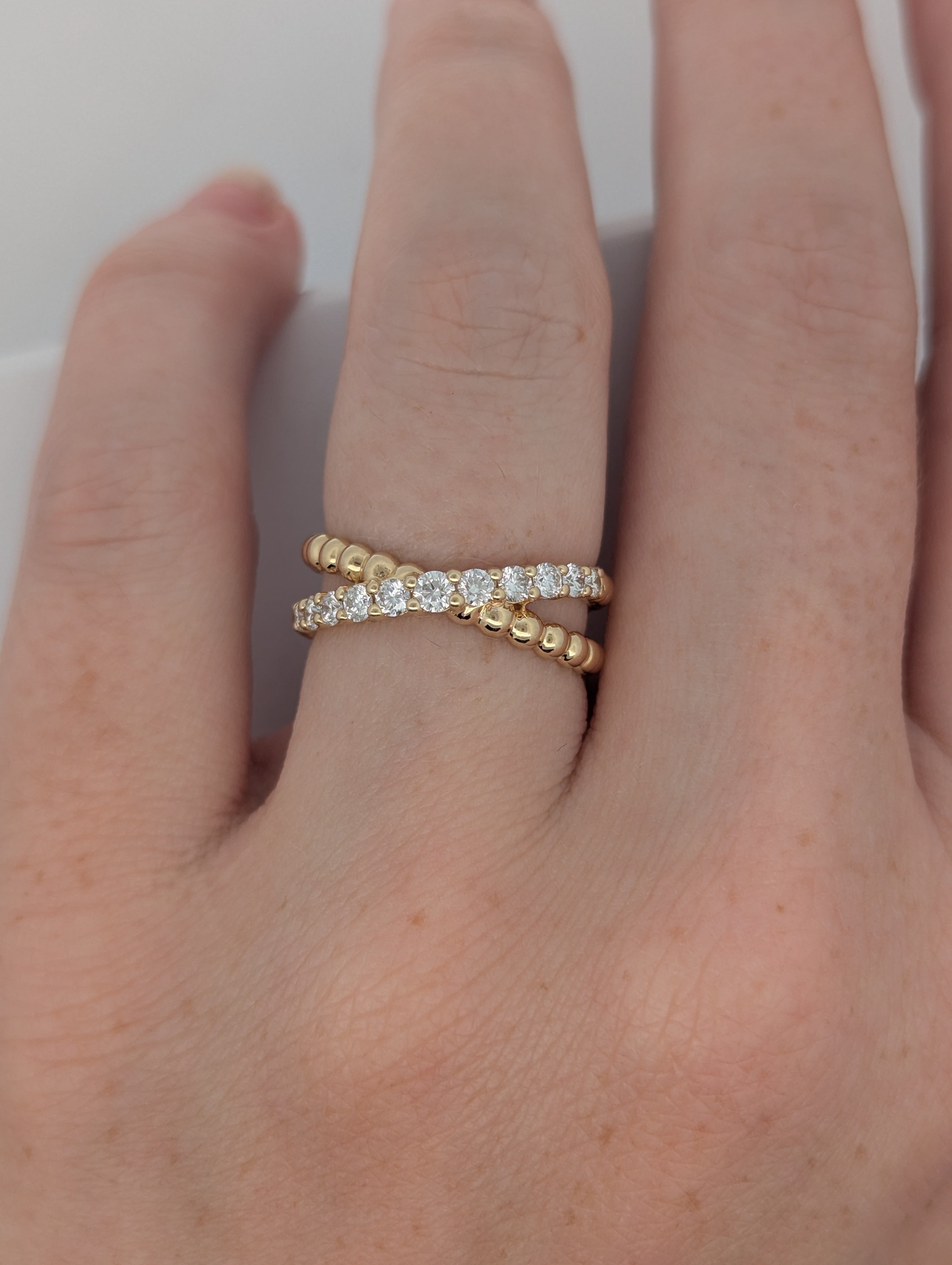 14K Yellow Gold Beaded Criss-Cross Ring