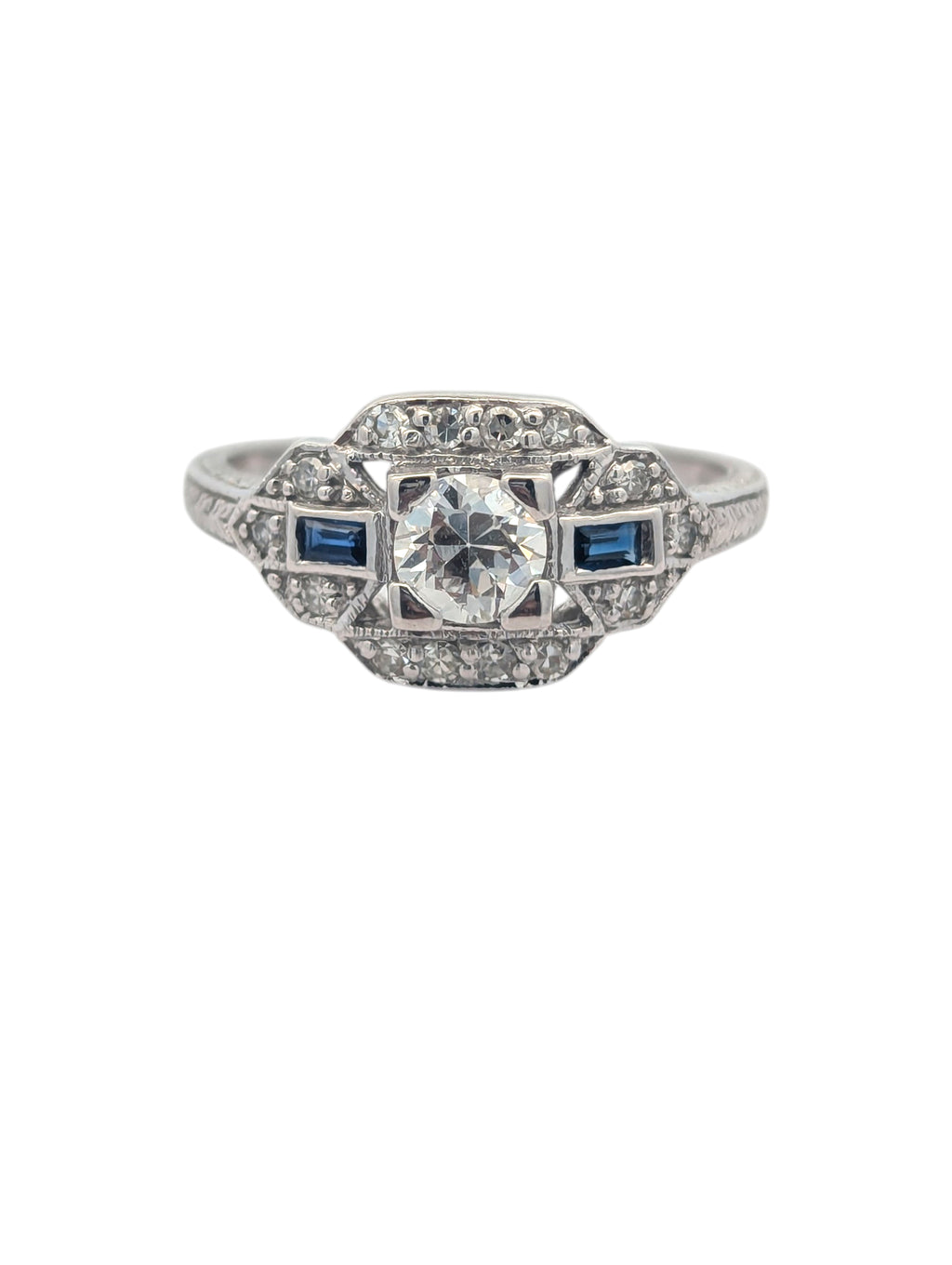Vintage 14K White Gold, Diamond, and Sapphire Ring