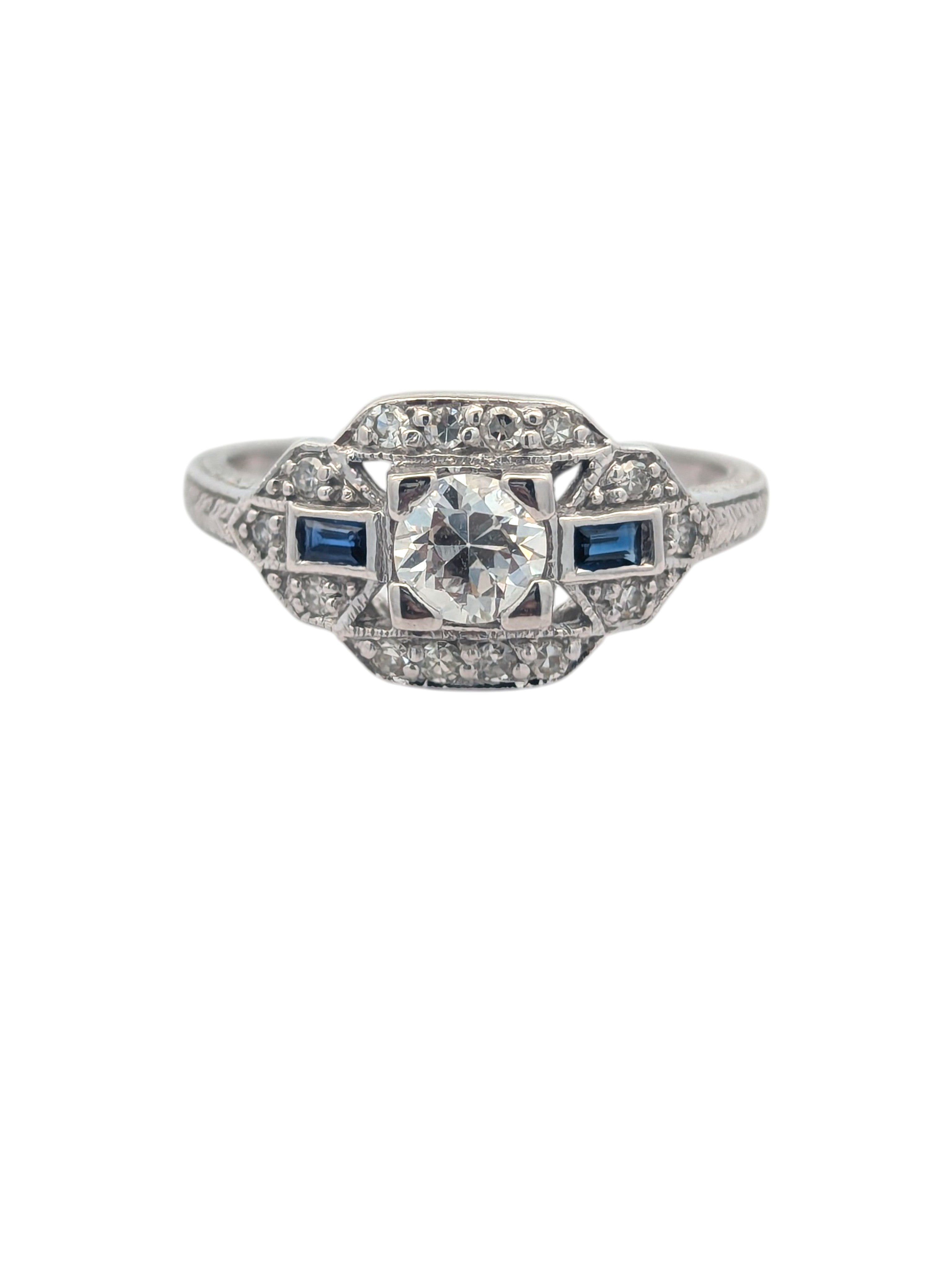 Vintage 14K White Gold, Diamond, and Sapphire Ring