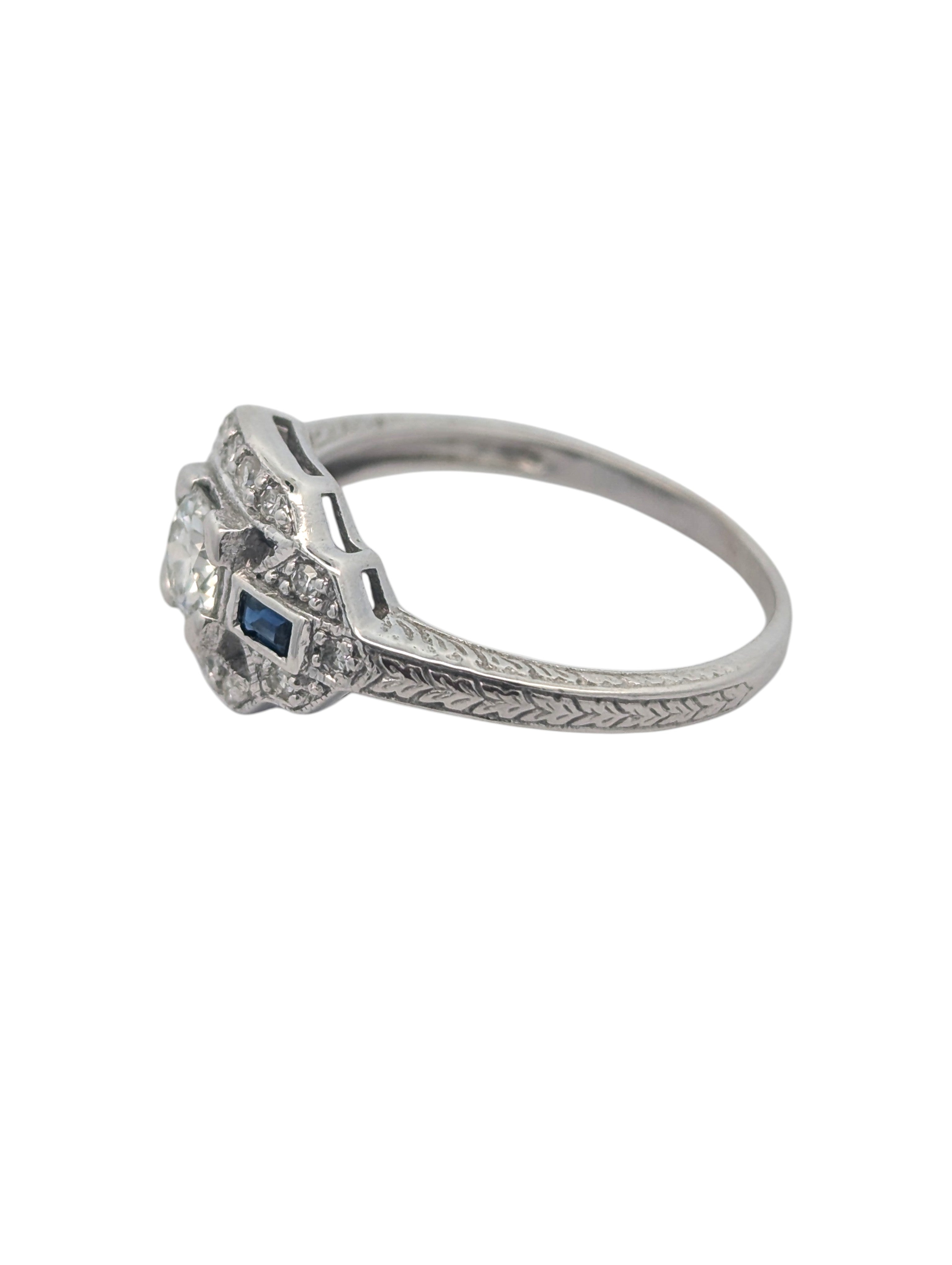 Vintage 14K White Gold, Diamond, and Sapphire Ring