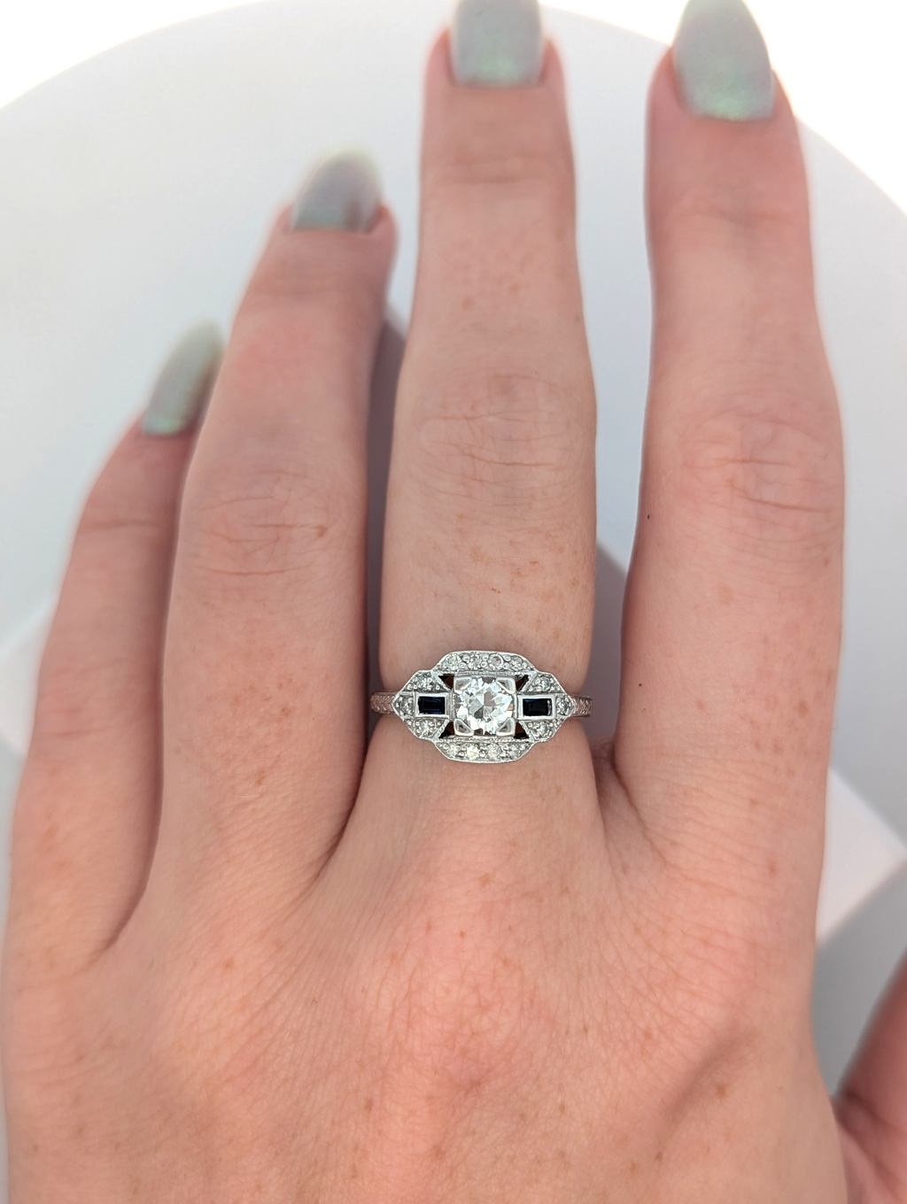 Vintage 14K White Gold, Diamond, and Sapphire Ring