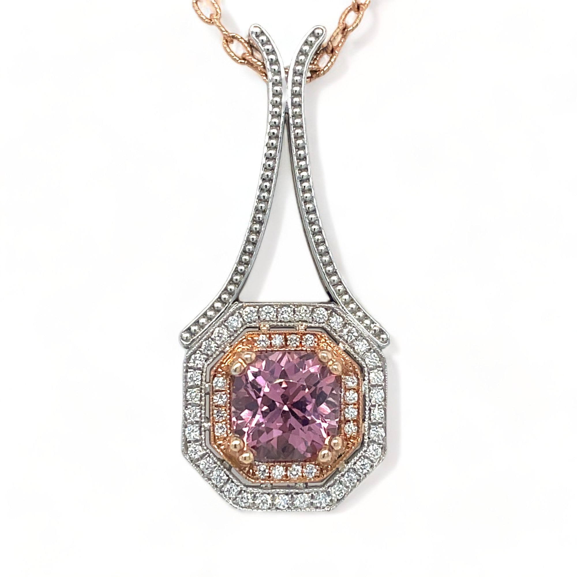 Signora Rosa Lotus Garnet & Diamonds Necklace in 14k White & Rose Gold