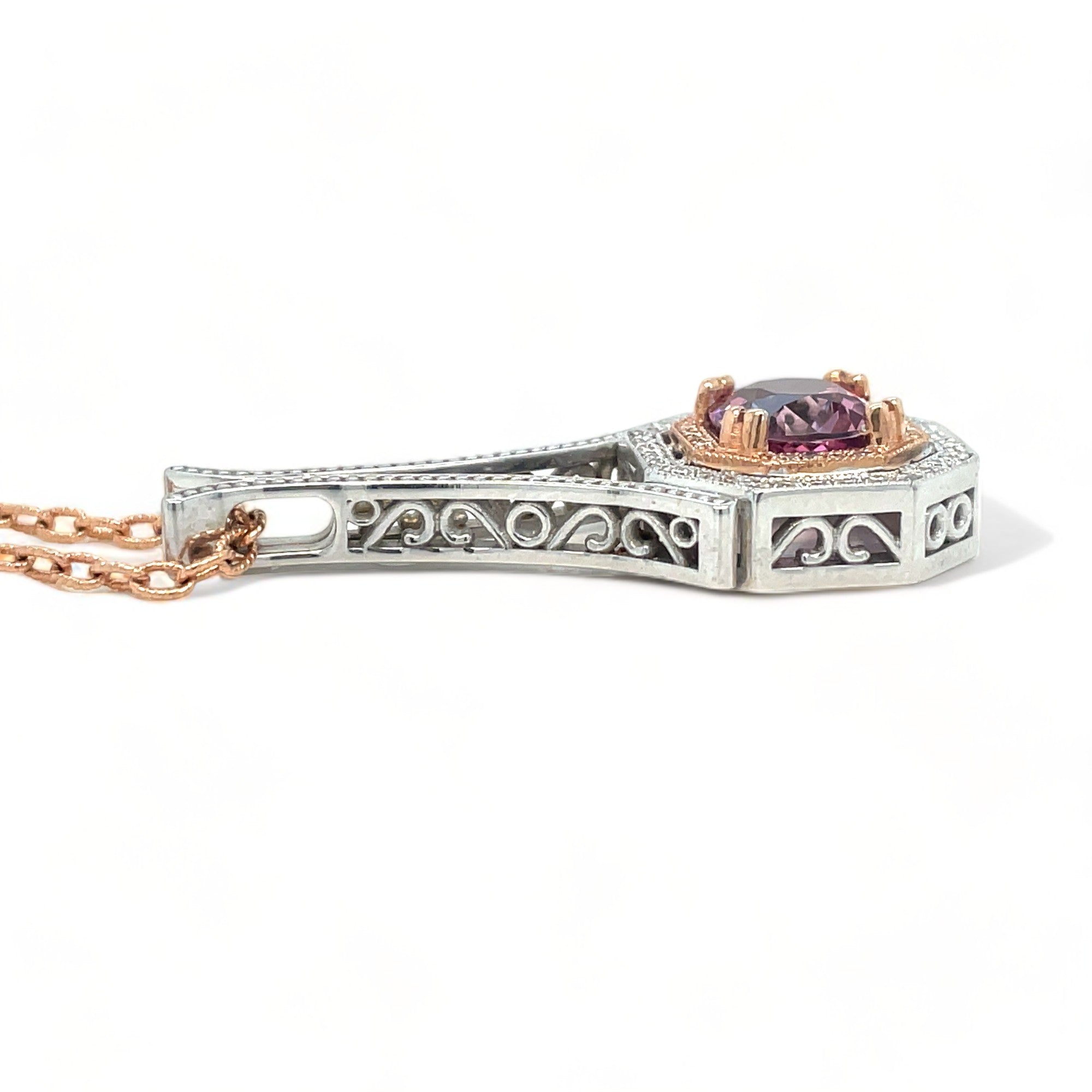 Signora Rosa Lotus Garnet & Diamonds Necklace in 14k White & Rose Gold