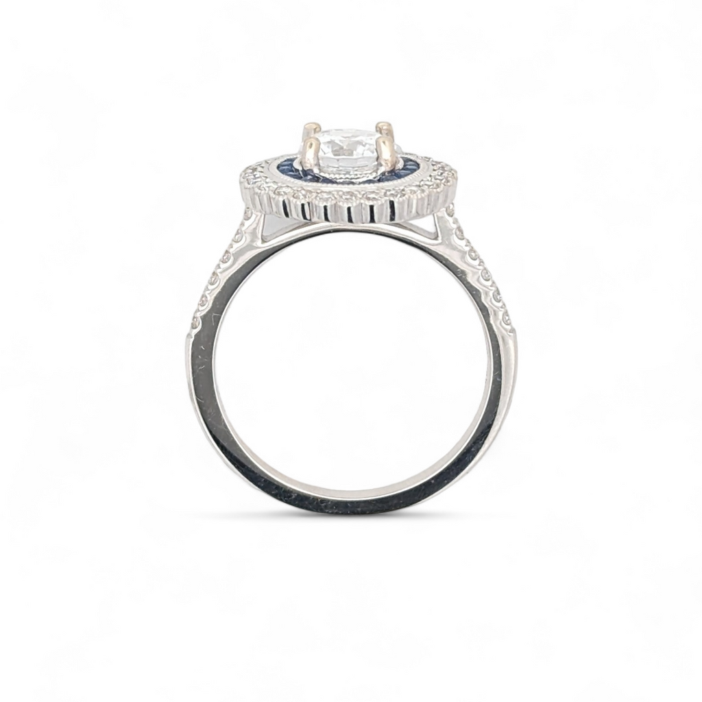 14K White Gold Diamond and Sapphire Halo Engagement Ring [Made to Order]