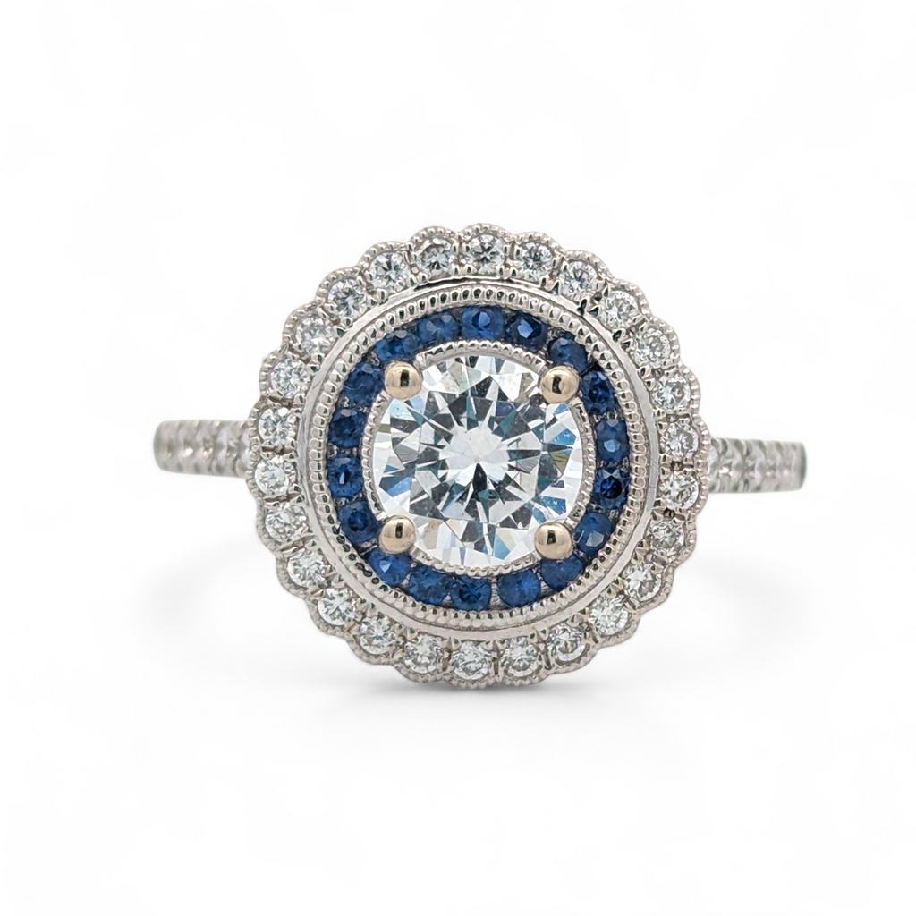 14K White Gold Diamond and Sapphire Halo Engagement Ring [Made to Order]