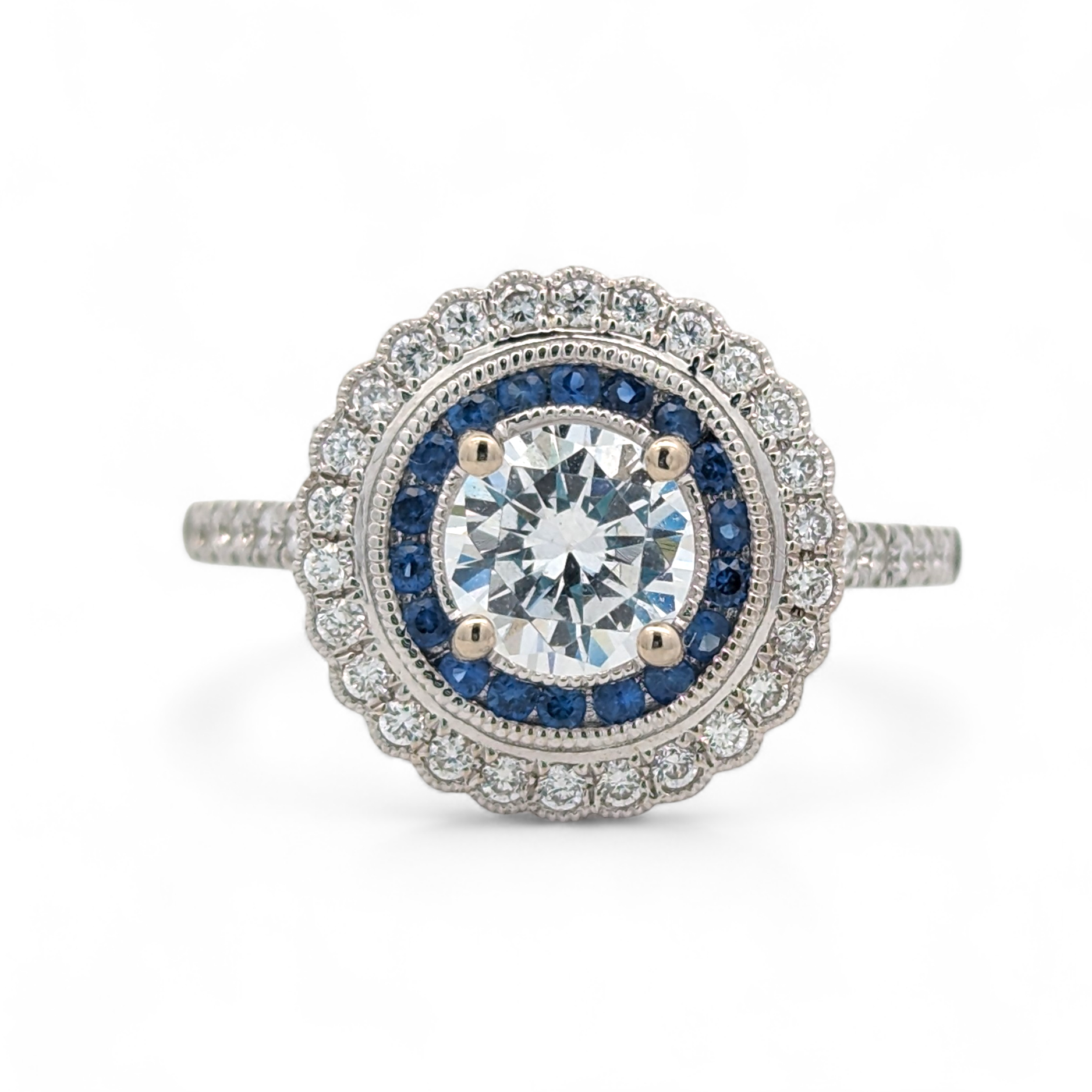 14K White Gold Diamond and Sapphire Halo Semi Mount Engagement Ring