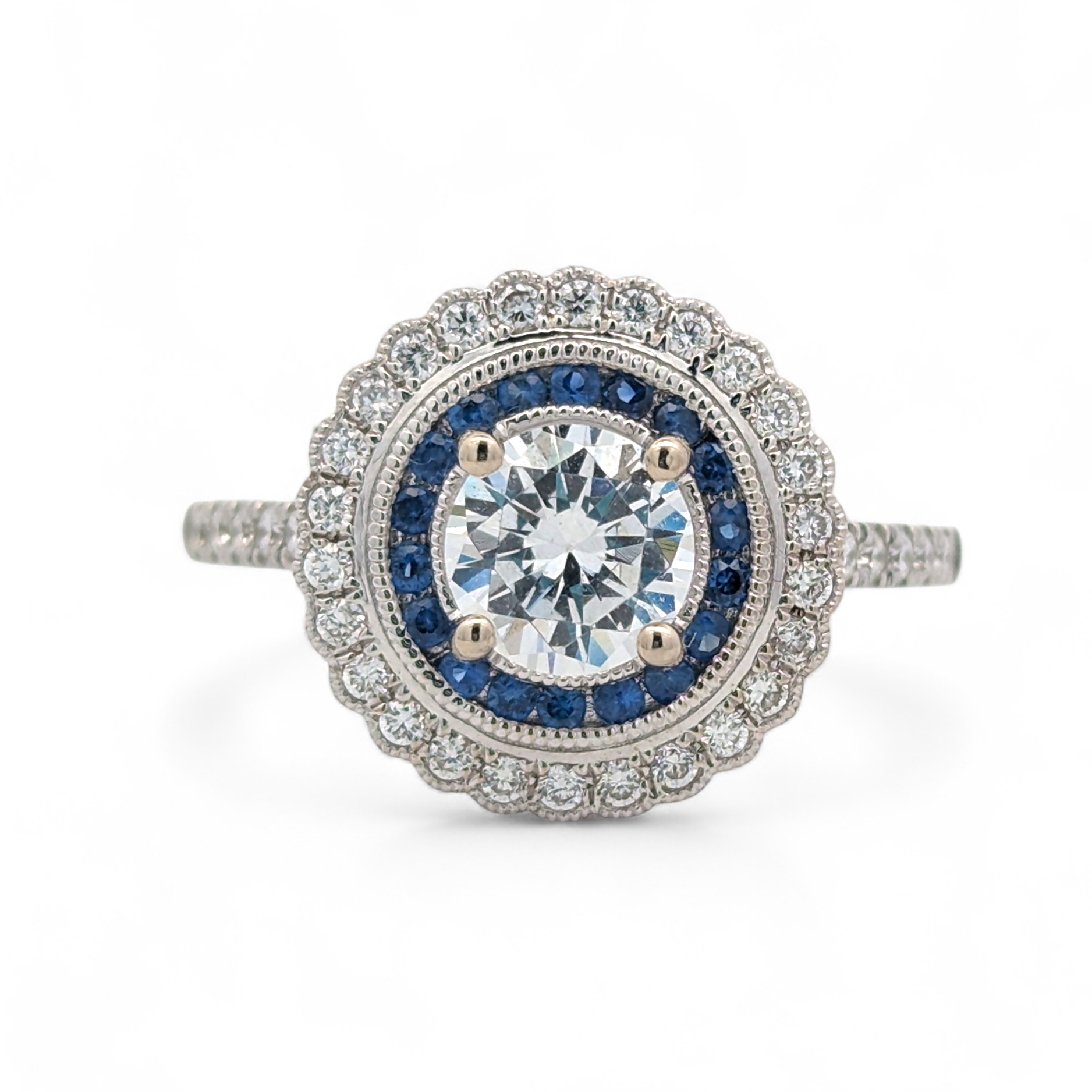 14K White Gold Diamond and Sapphire Halo Engagement Ring [Made to Order]