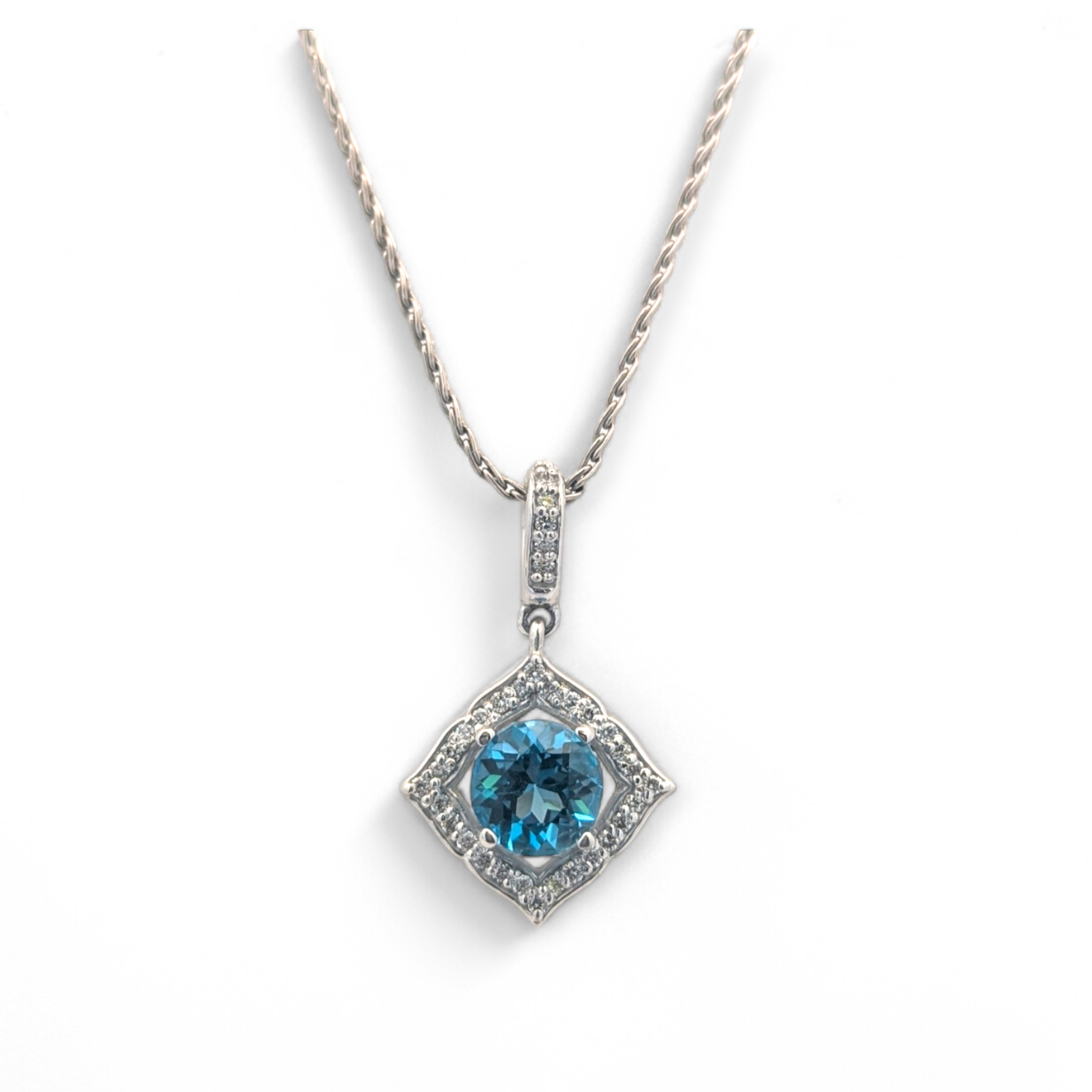 Irina 14K White Gold, Diamond, and Blue Topaz Halo Pendant