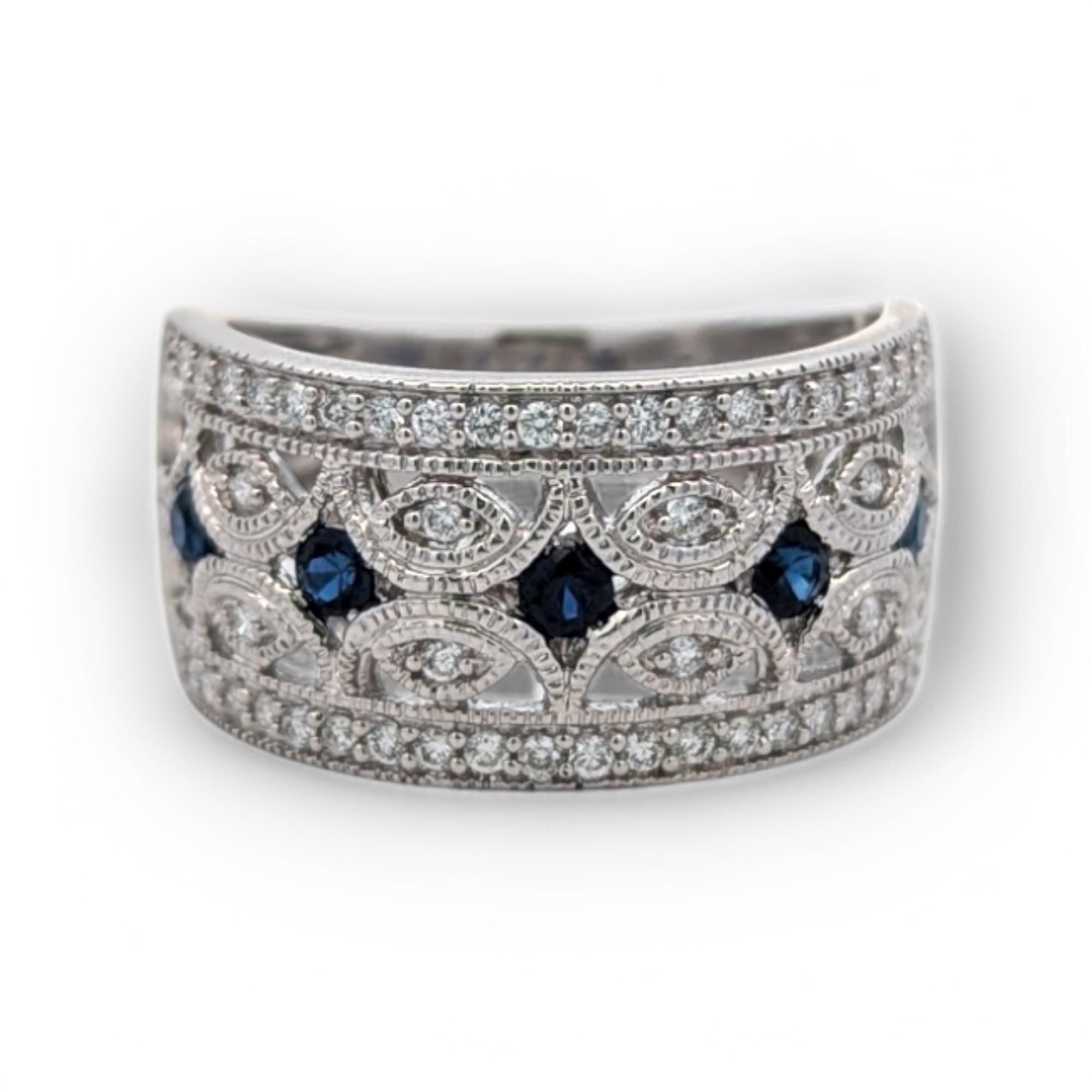 14K White Gold Vintage-Inspired Diamond and Sapphire Band