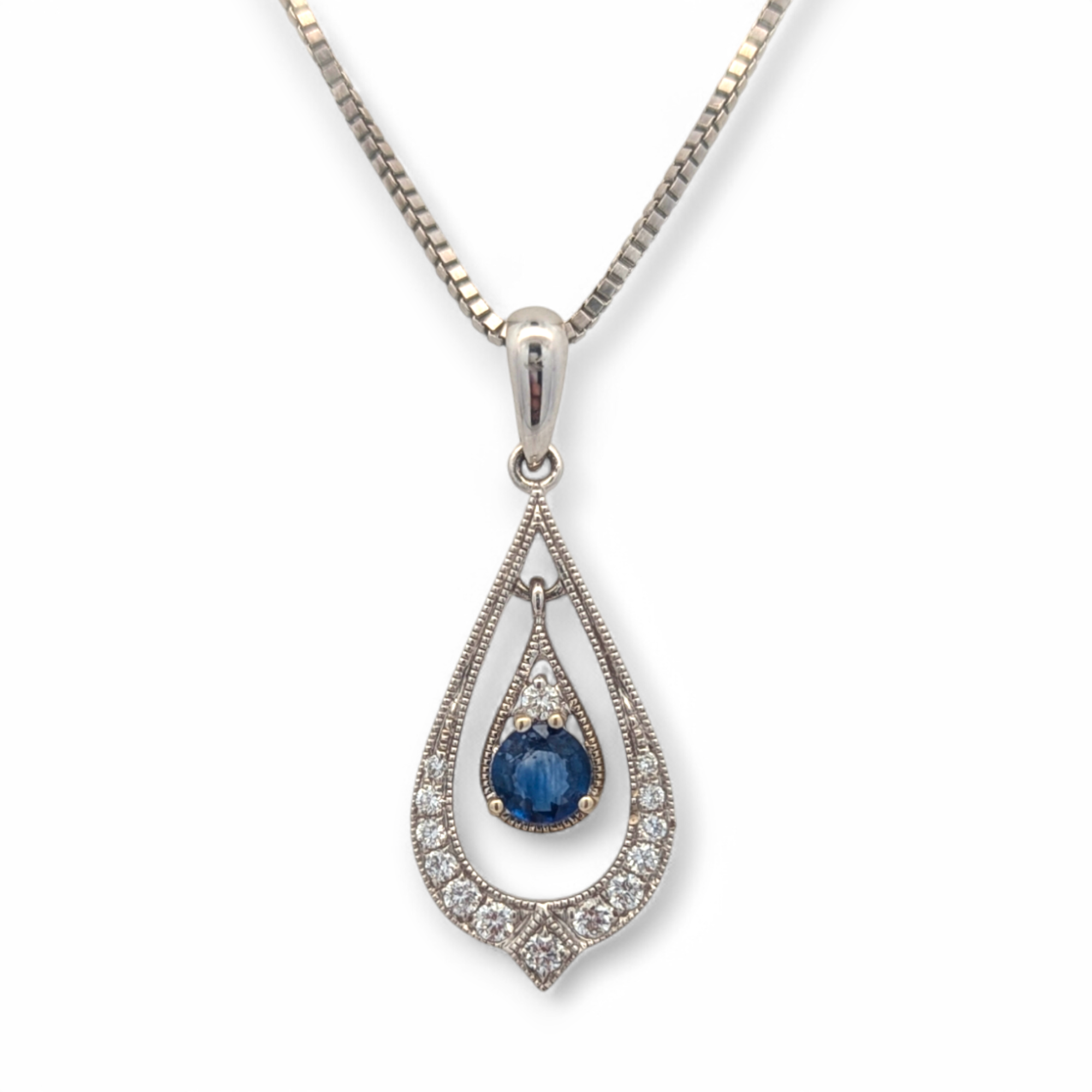 14K White Vintage Inspired Diamond and Sapphire Pendant