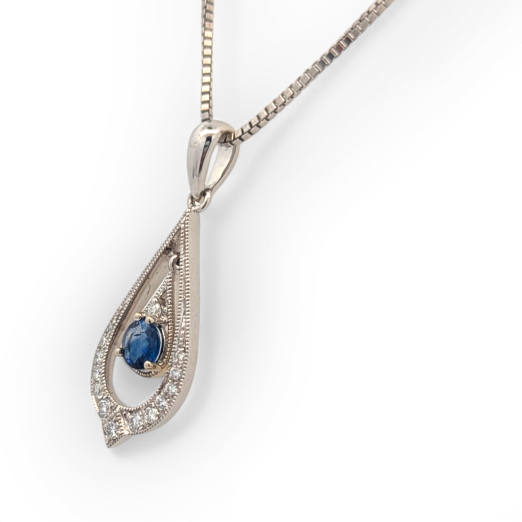 14K White Vintage Inspired Diamond and Sapphire Pendant