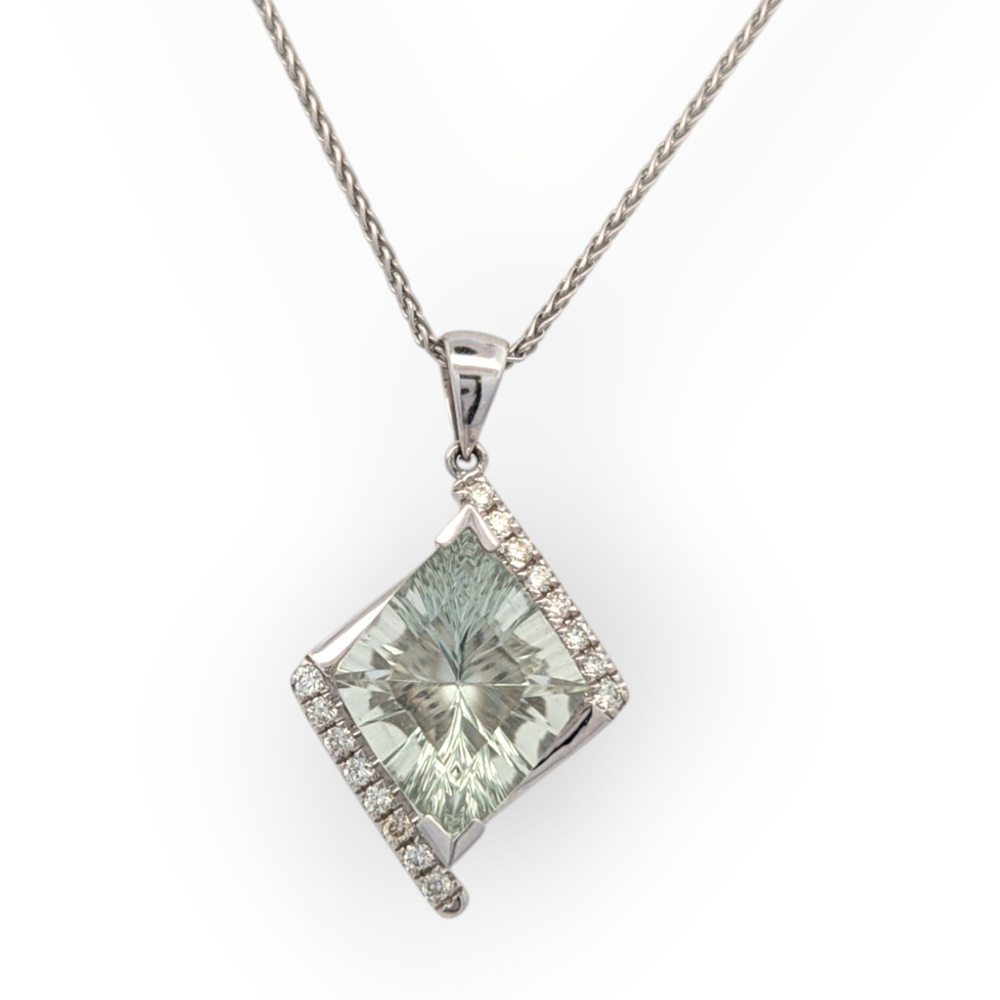 Fantasy Cut Green Amethyst Pendant in 14K White Gold