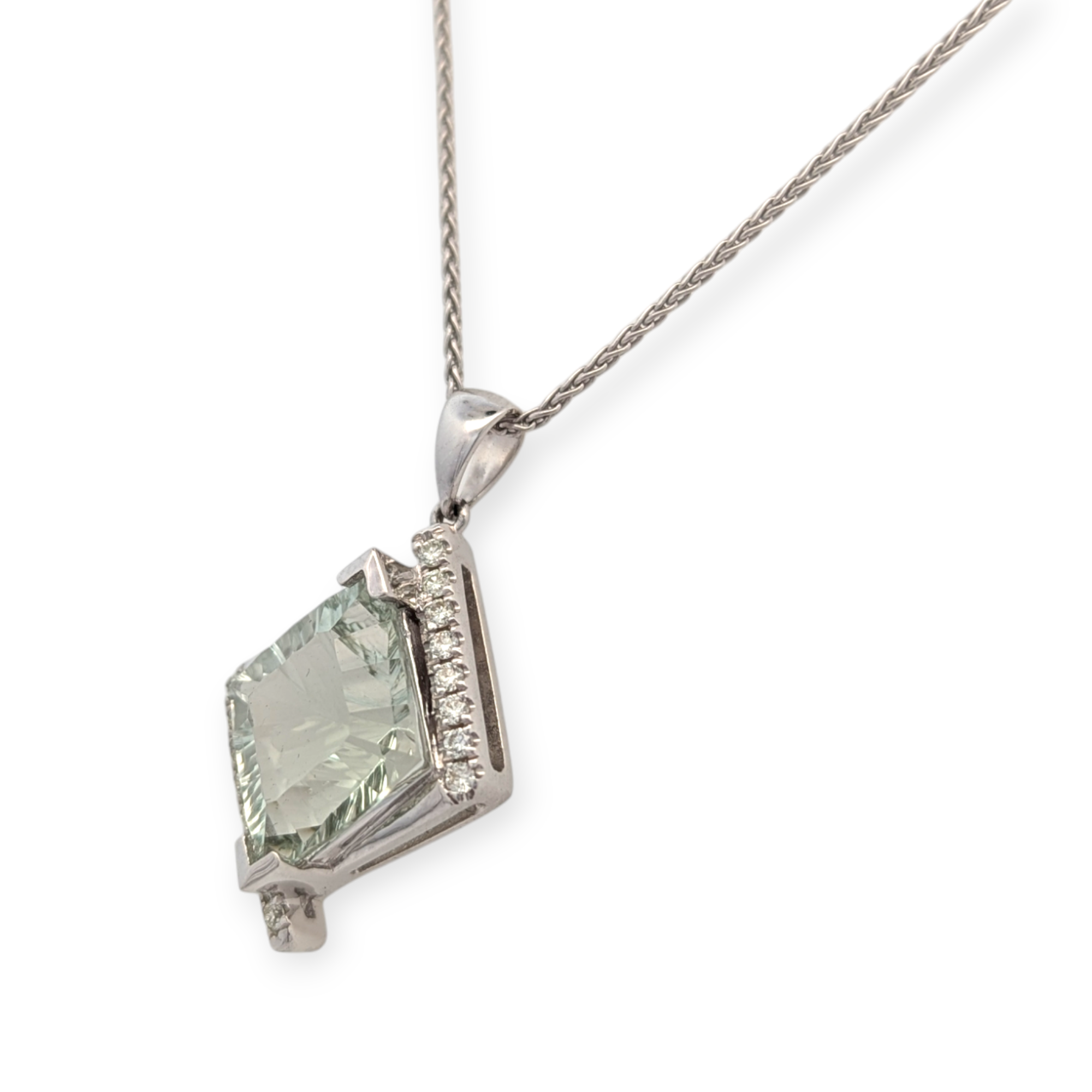 Fantasy Cut Green Amethyst Pendant in 14K White Gold