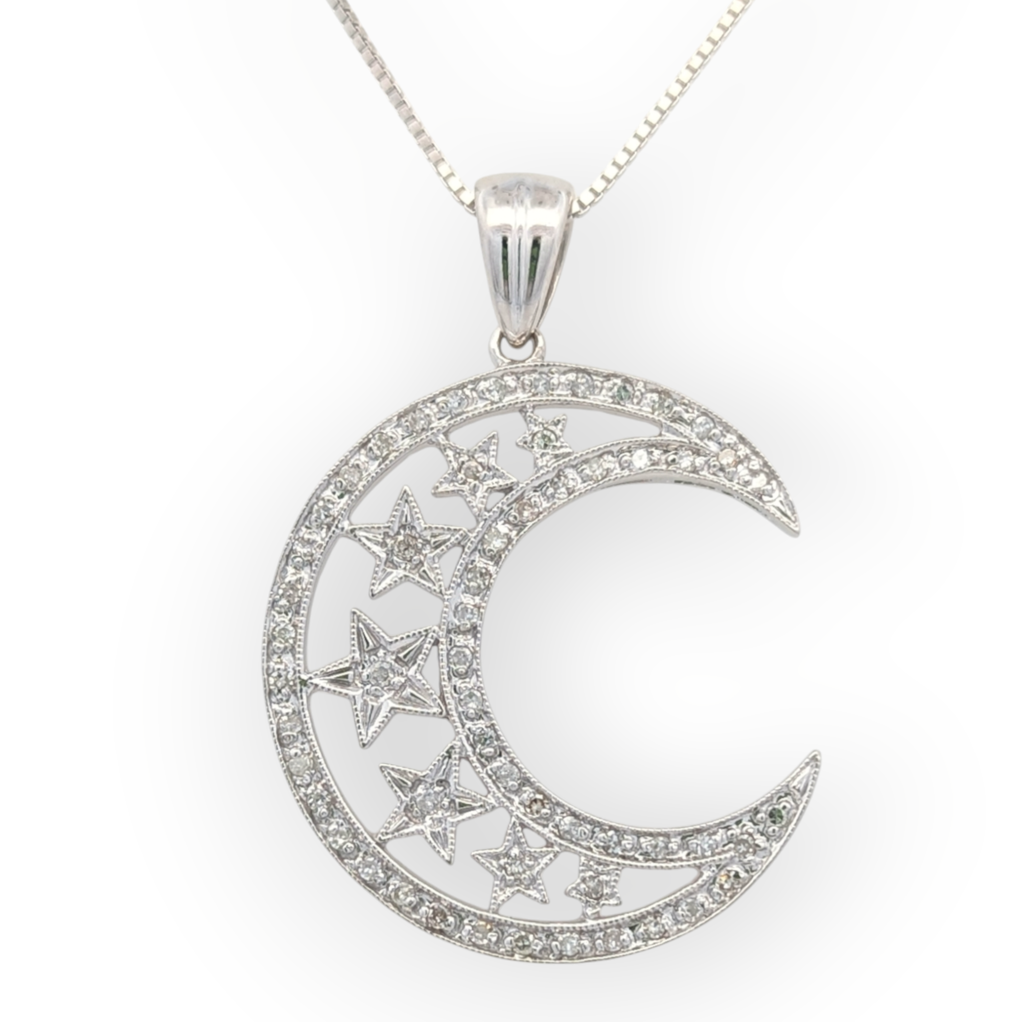 14K White Gold Moon and Star Pendant