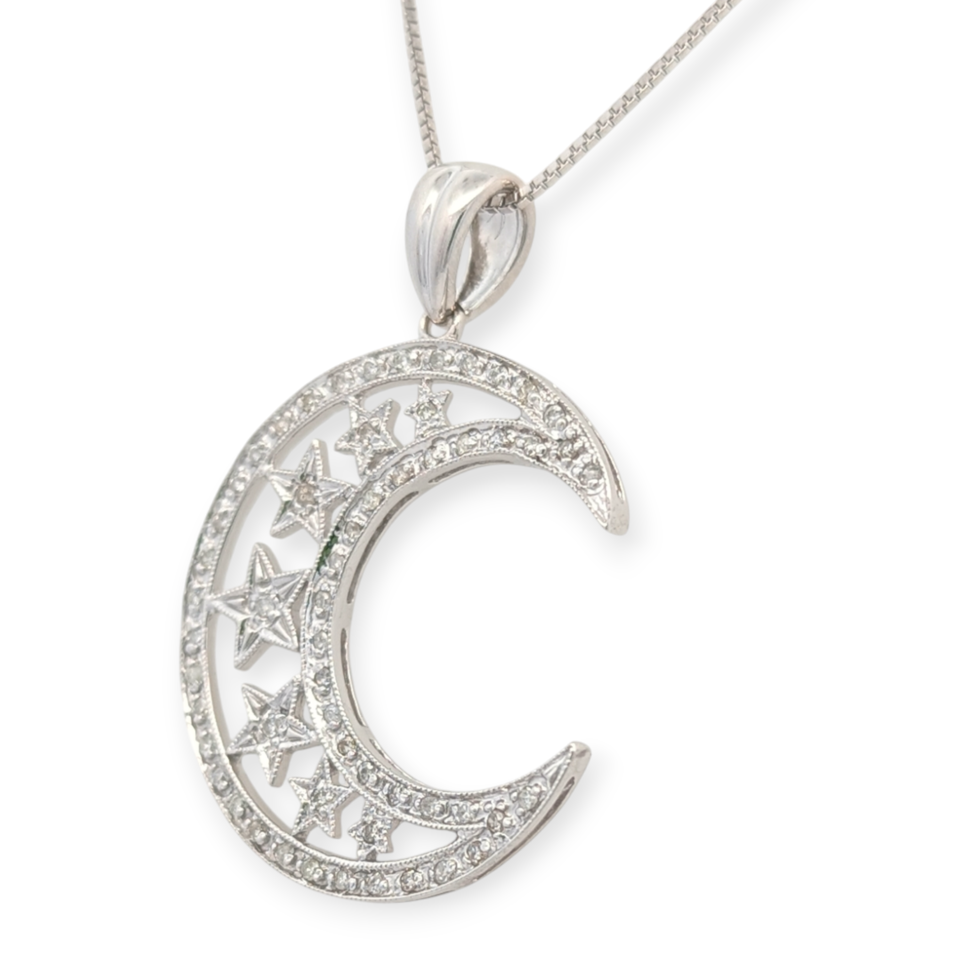 14K White Gold Moon and Star Pendant