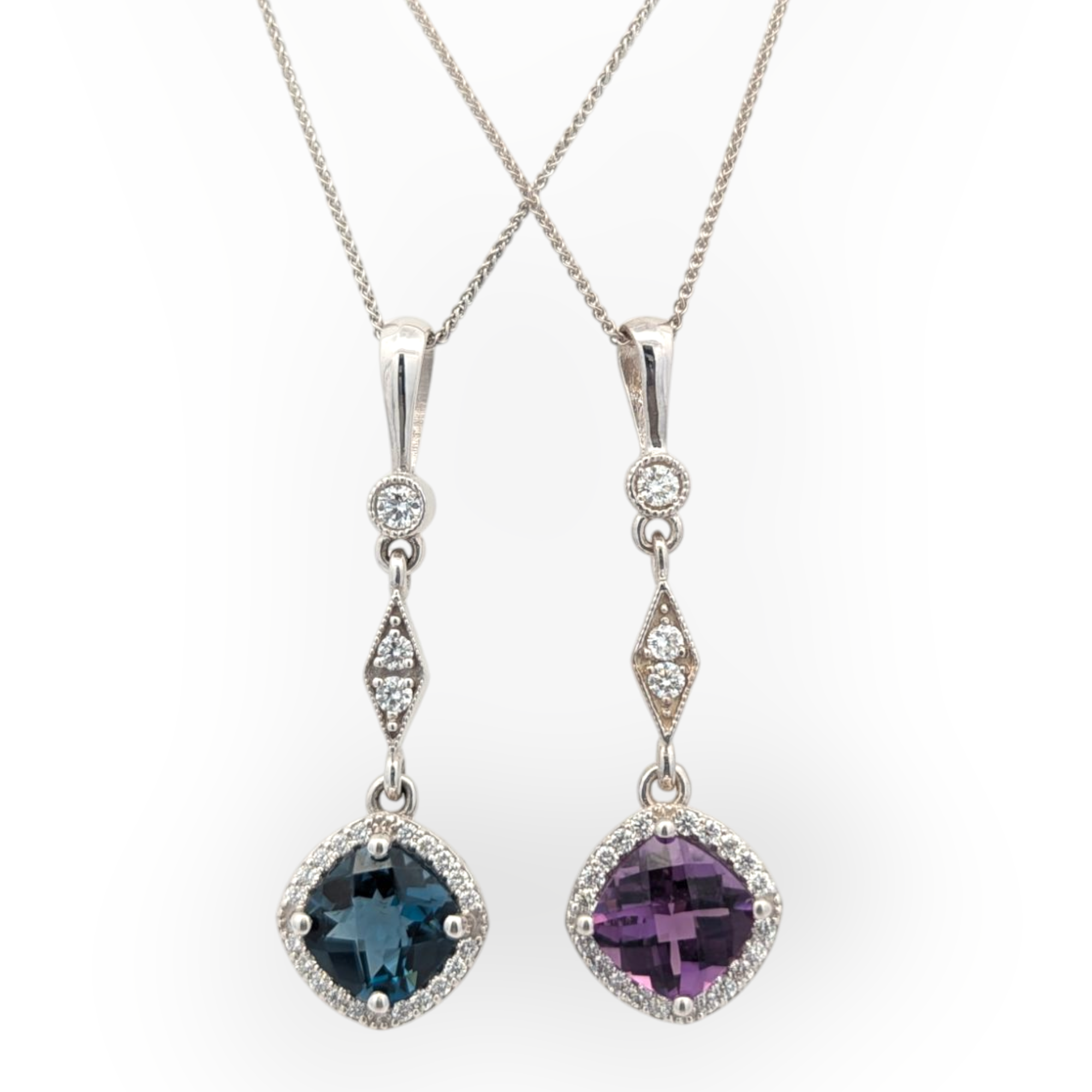Millgrain and Gemstone Necklace in 14K White Gold