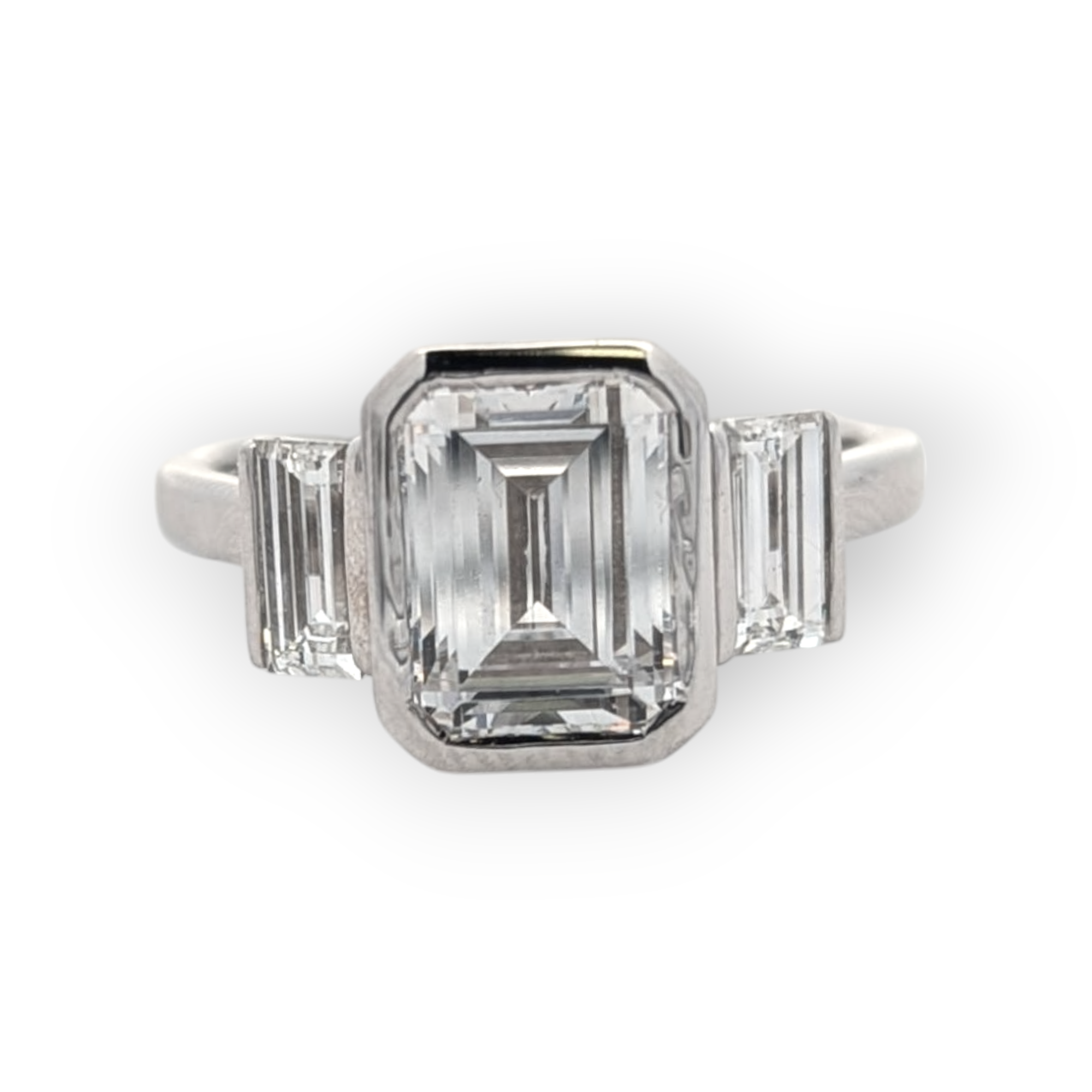 Three Stone 14K Gold Bezel Set Emerald-Cut Engagement Ring [Made to Order]