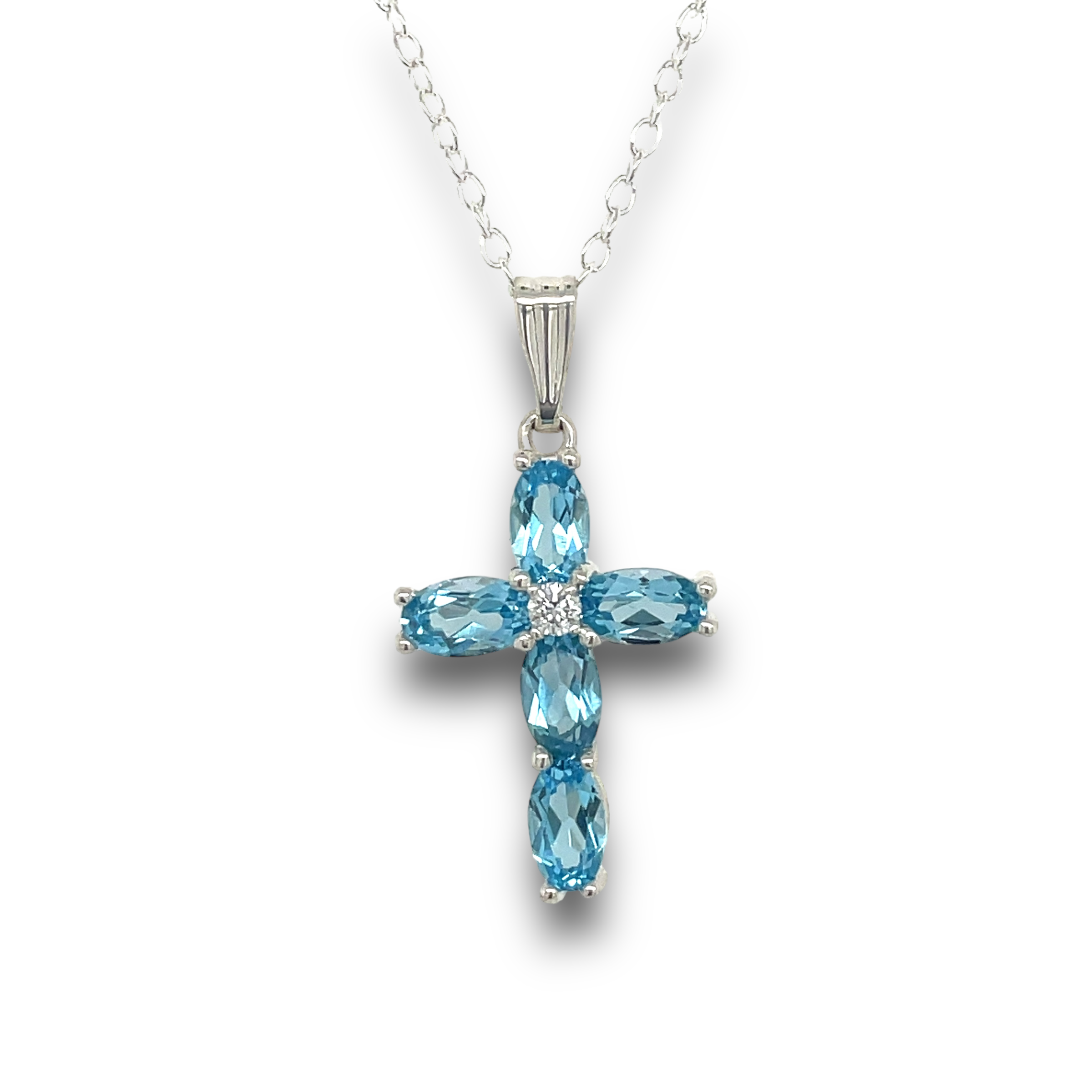 Blue Topaz & Diamond Cross in Sterling Silver