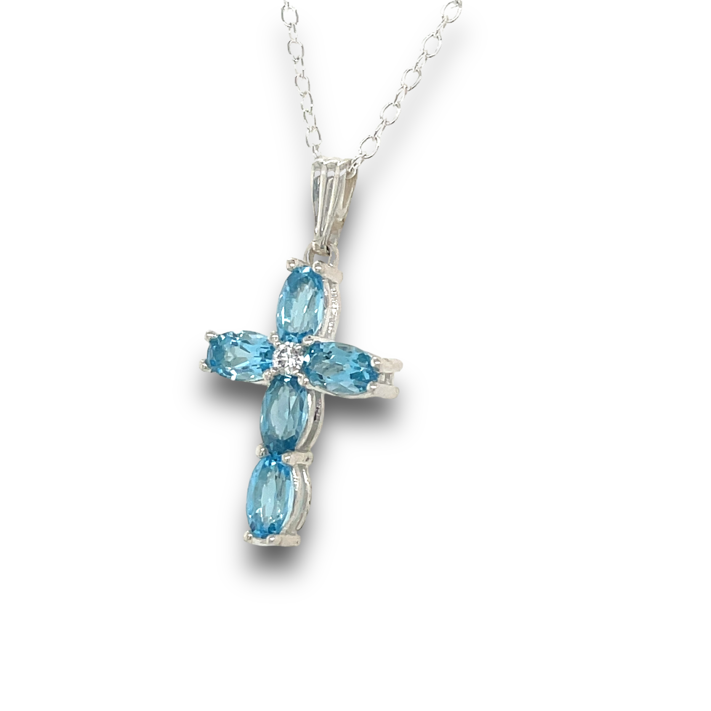 Blue Topaz & Diamond Cross in Sterling Silver