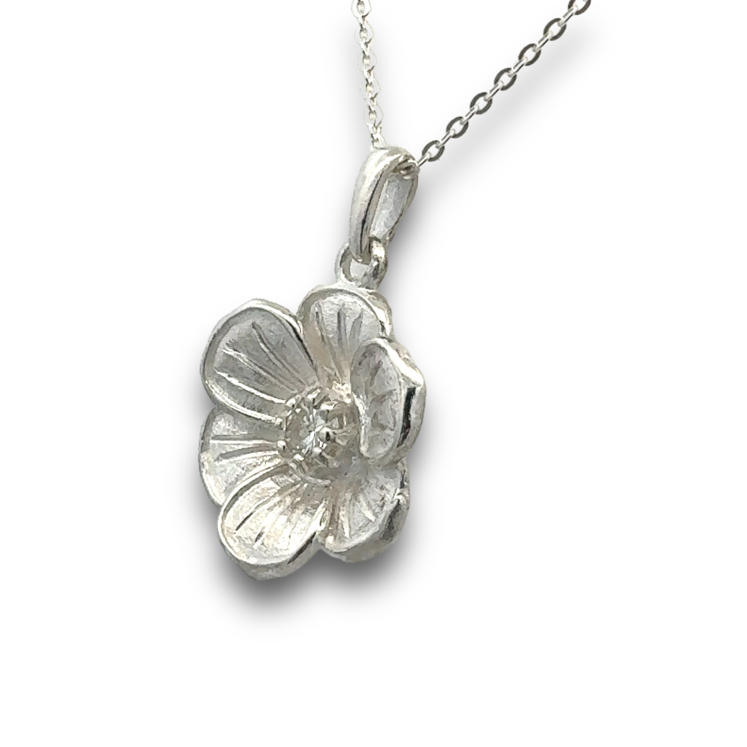 Flower Necklace with Diamond in Sterling Silver