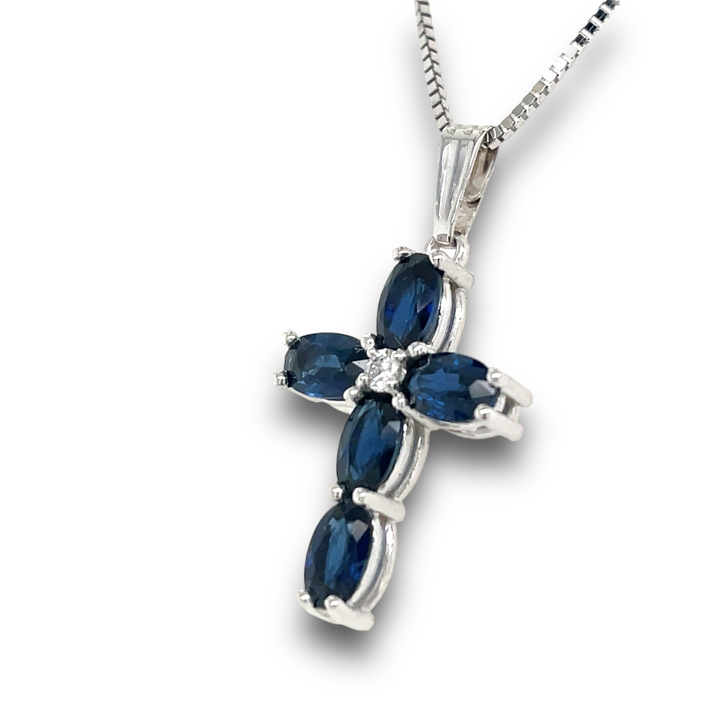 Natural Sapphire & Diamond Cross  in 14k White Gold