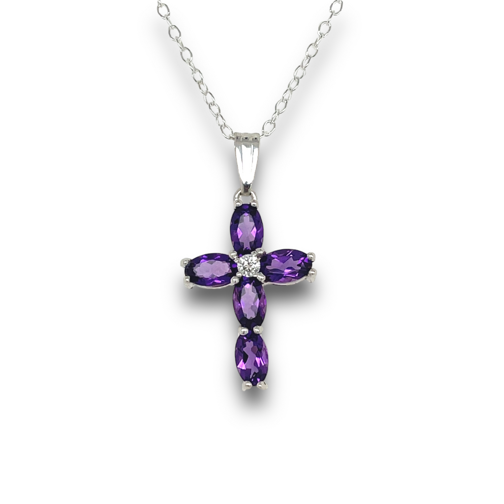 Amethyst & Diamond Cross in Sterling Silver