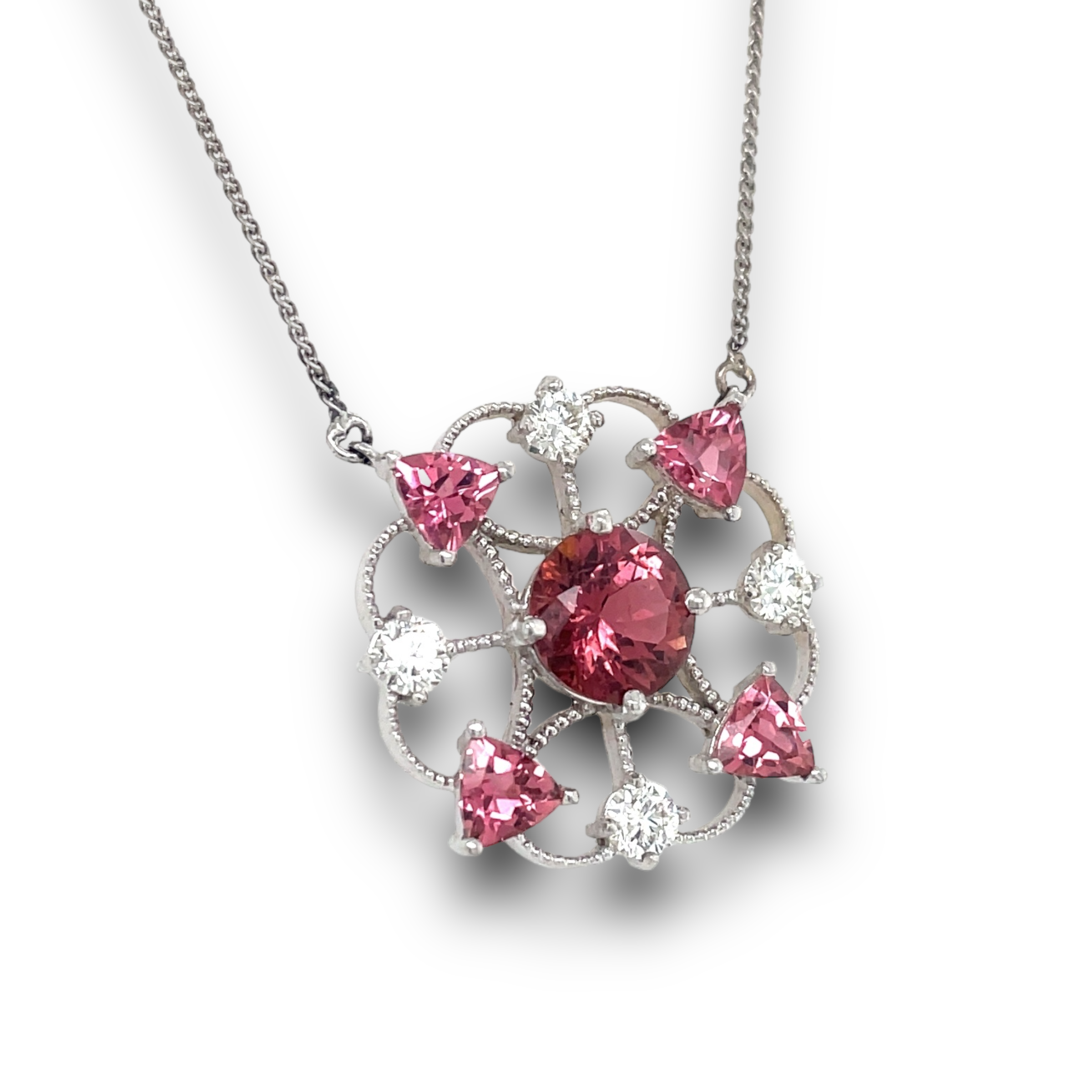 Valentina Pink Tourmaline, Pink Sapphire, and Natural Diamond Necklace in 14k White Gold
