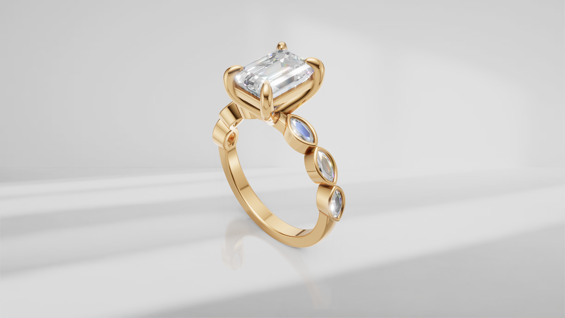 Emerald Cut and Bezel Set Accent Engagement Ring [Made to Order]