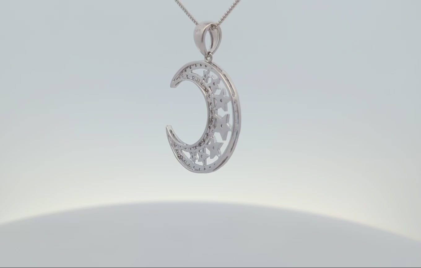 14K White Gold Moon and Star Pendant
