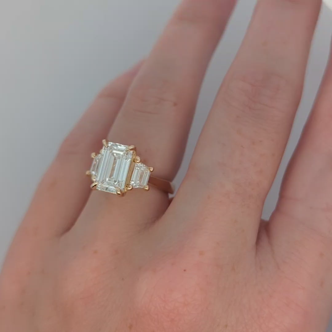 Three Stone Emerald Cut and Trapezoid Engagement Ring [Made to Order]