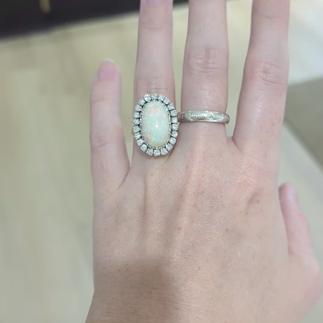 Vintage 14K White Gold Opal and Diamond Ring