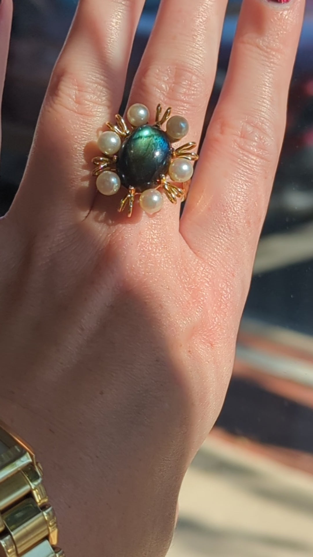 Vintage Labradorite and Pearl Ring