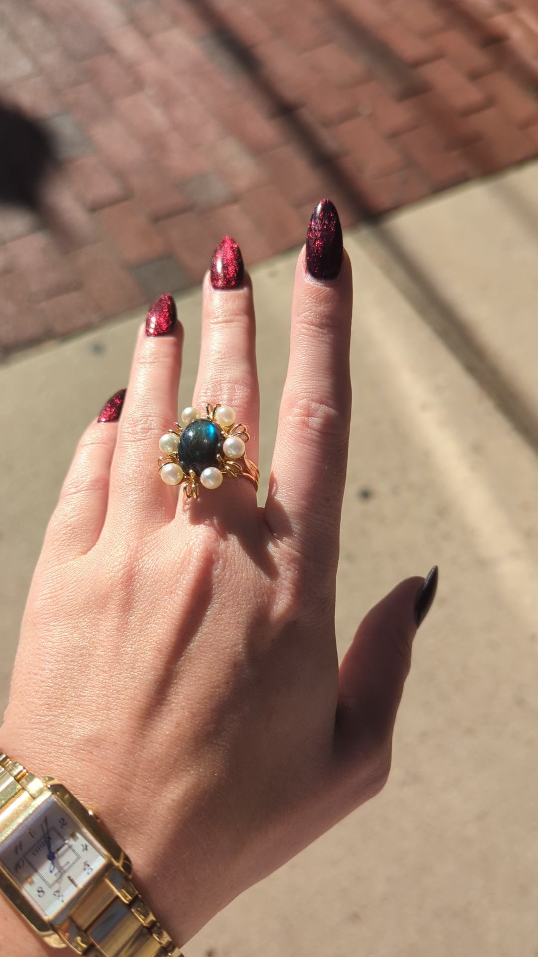 Vintage Labradorite and Pearl Ring