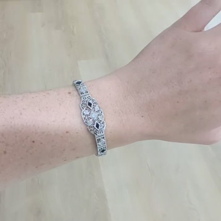 Vintage White Gold Filigree Bracelet with Diamond and Sapphire