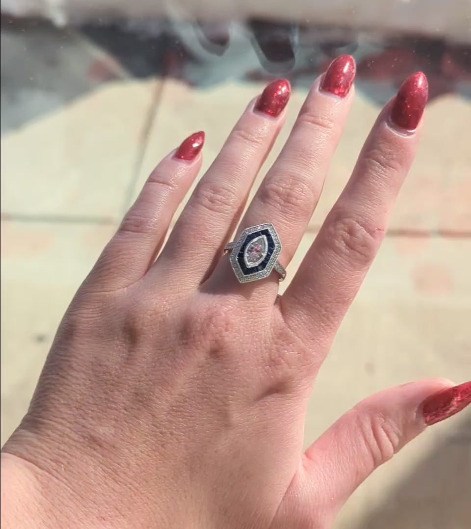 White Gold, Marquise Diamond, and Sapphire Cocktail Ring