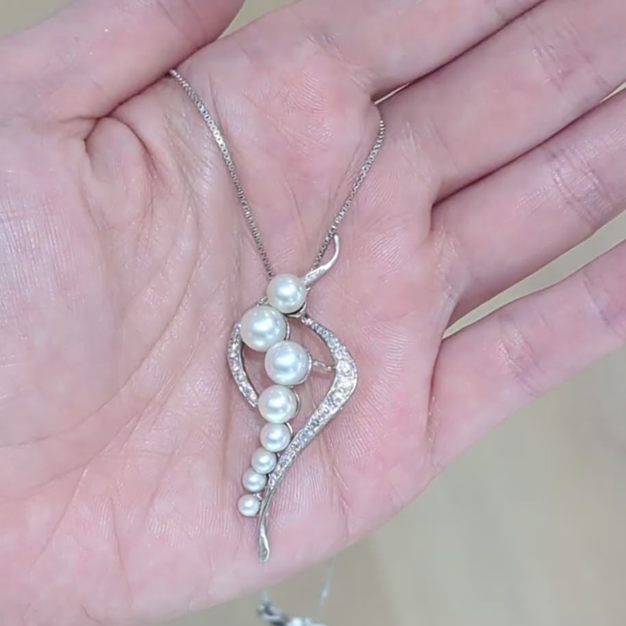 Vintage 14K White Gold Pearl and Diamond Pendant
