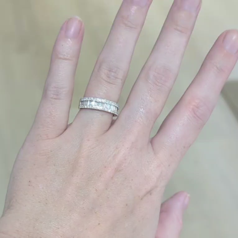 14K White Gold Round and Baguette Diamond Band